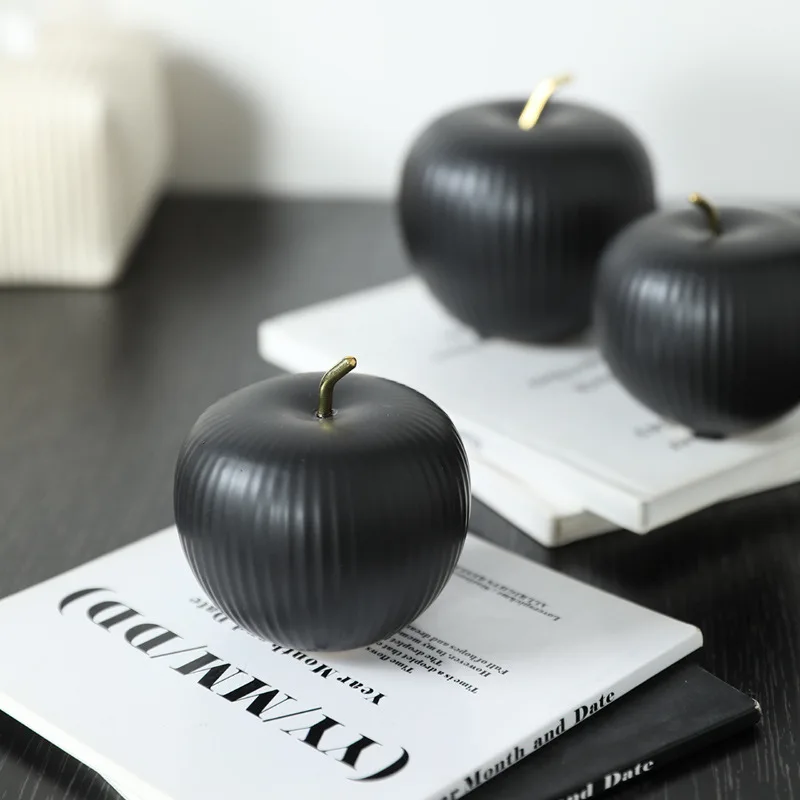 Nordic Striped Ceramic Apple Ornament Black White Golden Stem Fruit Sculpture Home Living Room Tabletop Decor Desk Decor Gift