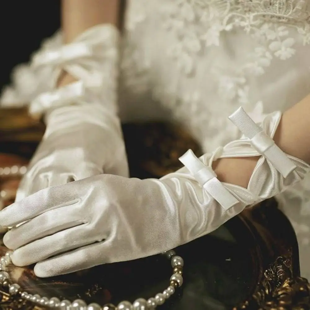 

1 Pair Short Glove White Satin Gloves Wedding Mesh Elegant Bow Knot Gloves Sweet Marie Cat Cos Lace Gloves Women Cosplay