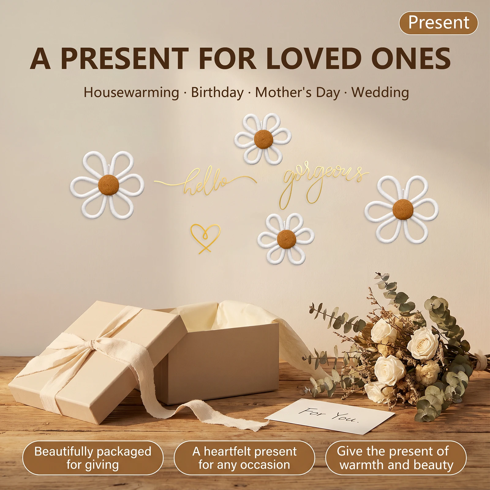 Hello Gorgeous Wall Decor Set Metal Wire Word Heart Ornament Woven Daisy Flower Boho Wall Hanging Art for Nursery Living Room