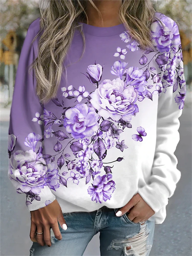 2025 New Flower Printing Ladies Sweatshirt Women's Fashion Autumn And Winter Warm Sweatshirt Casual Round Neck Long Sleeve