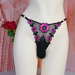 Mens Adjustable Sissy Lingerie Lace Embroidery Thong Sheer G-String T-Back Briefs Ball Pouch Panties Gay Open Butt Underpants