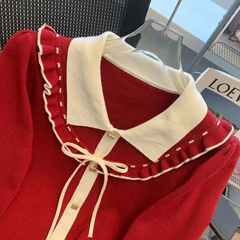 Otoño Invierno mujer suéter moda volantes manga larga arco solo pecho suelto básico suéter rojo Navidad