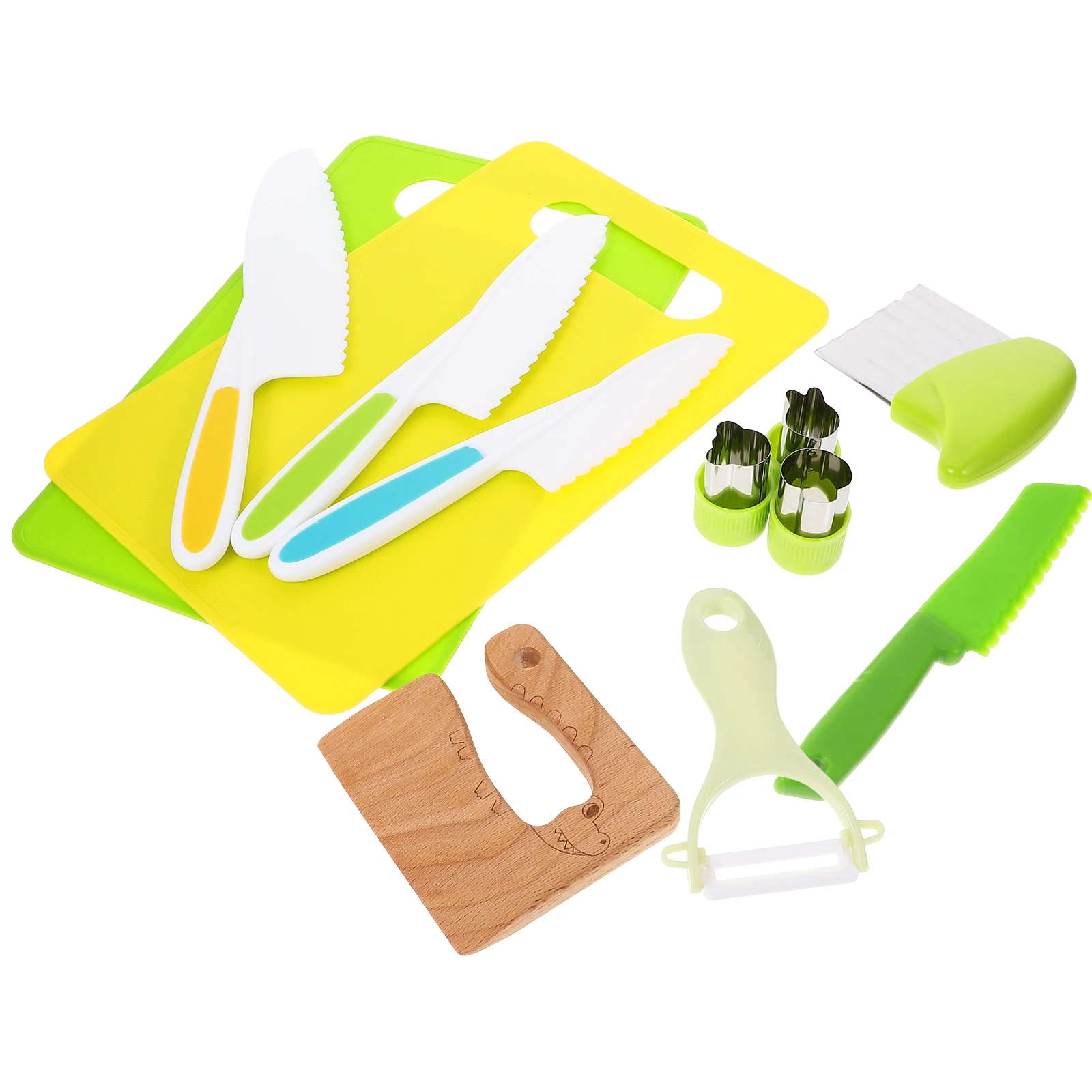 

150819 Kids Cooking Toys Set Round Head Yellow Green Blue Tools 12 Pieces Toddler Educational Pretend