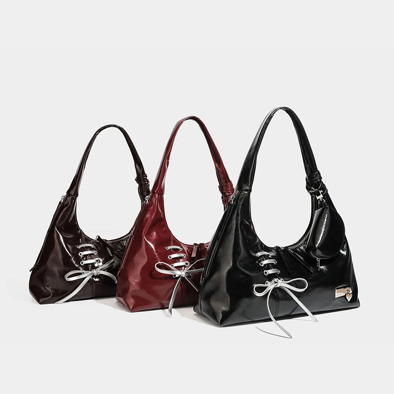 Y2k Girls Hobo Shoulder Bag, Lace‑Up Bow Handbag With Mini Purse,Korean Soft Pu Underarm Tote Bag For Women Daily Party Use - view 2