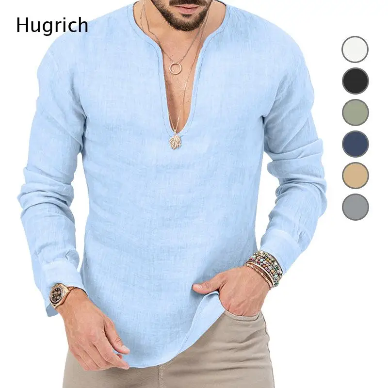 Men Crinkle Linen Long Sleeve Shirt Deep V Notch Collar Loose Fit Casual Beach Top