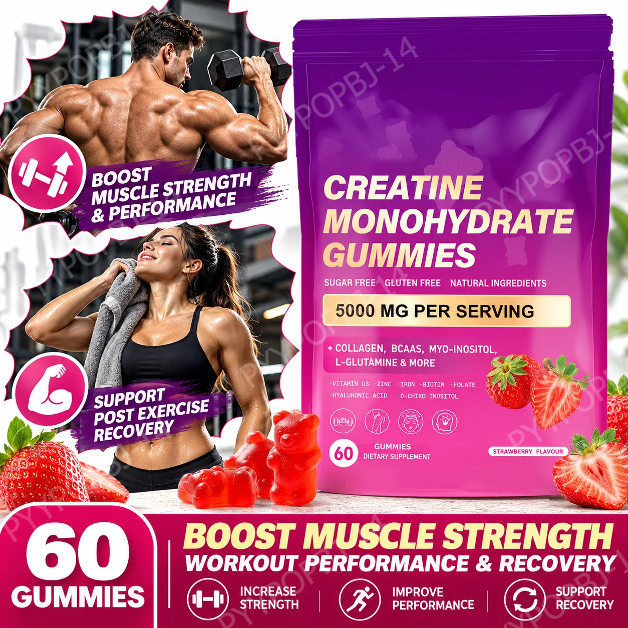 Creatine Monohydrate Gummies,Boost Muscle Strength&Workout Performance,Support Post Exercise Recovery,Strawberry Flavor 60 Count