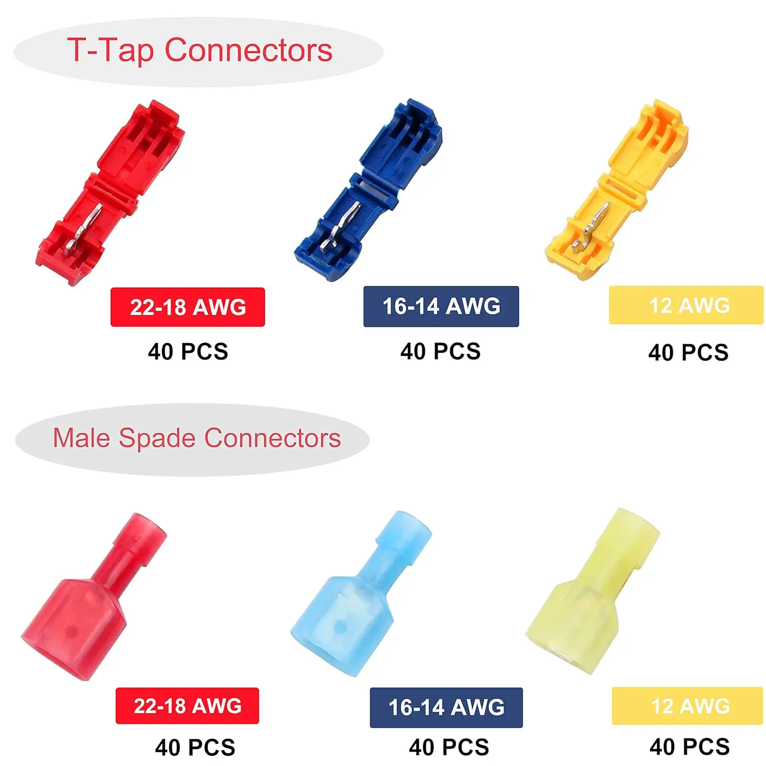 120/240PCS T Tap Wire Connectors, Self-Stripping Quick Splice Electrical Wire Terminals, Insulated Male Quick Disconnect Spade