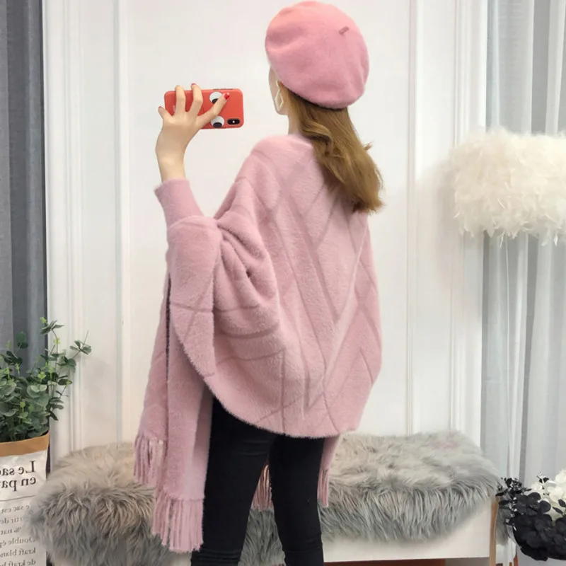 #4007 Autumn Winter Mink Cashmere Ponchos And Capes Women Warm Thick Cardigan Kimono Shawls And Wraps Femme Pink Beige Khaki