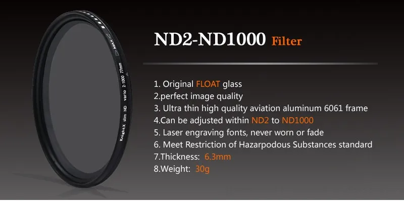 KnightX ND2 to ND1000  ND Filter Fader Adjustable Neutral Density Variable 52mm 58mm 62mm 67mm For Canon Nikon Sony  Camera Lens