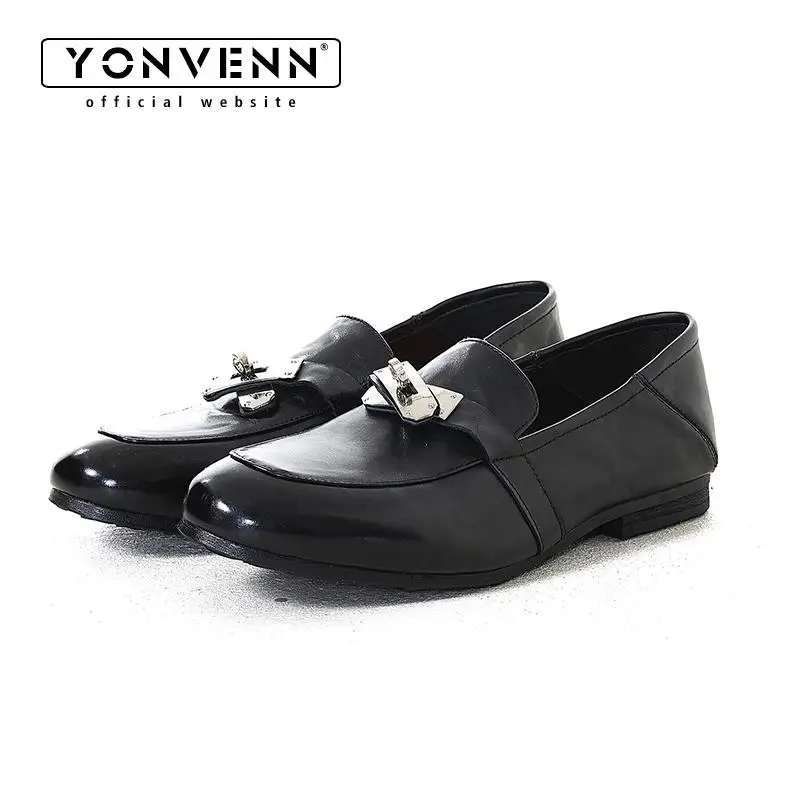 

Horse collar buckle washed cowhide loafers men's leather slip in black casual formal dress shoes work commuting leather shoes