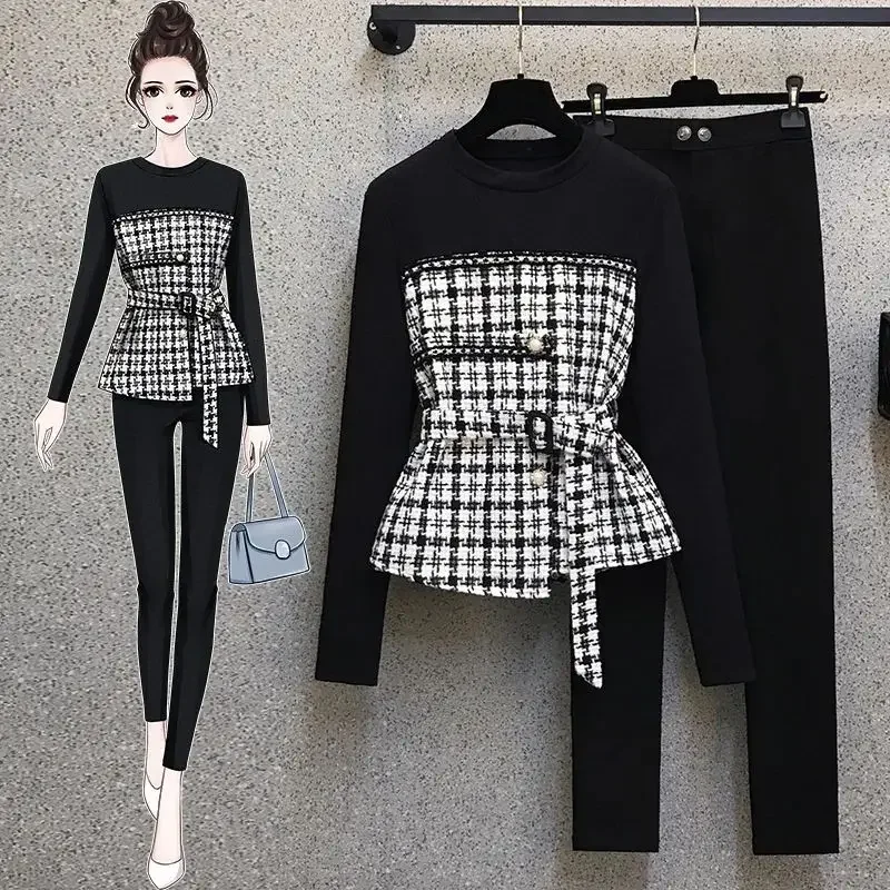 Plaid Patchwork Belt Decoration Long-sleeved T-shirt Casual Pencil Pants Two-piece Elegant Women's Pants Suit Street Outfits Age