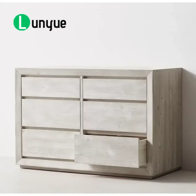 Modern American Style 6 Drawer Large Storage Cabinet White Washed Oak Bedroom Living Room Locker Eco Friendly Handle