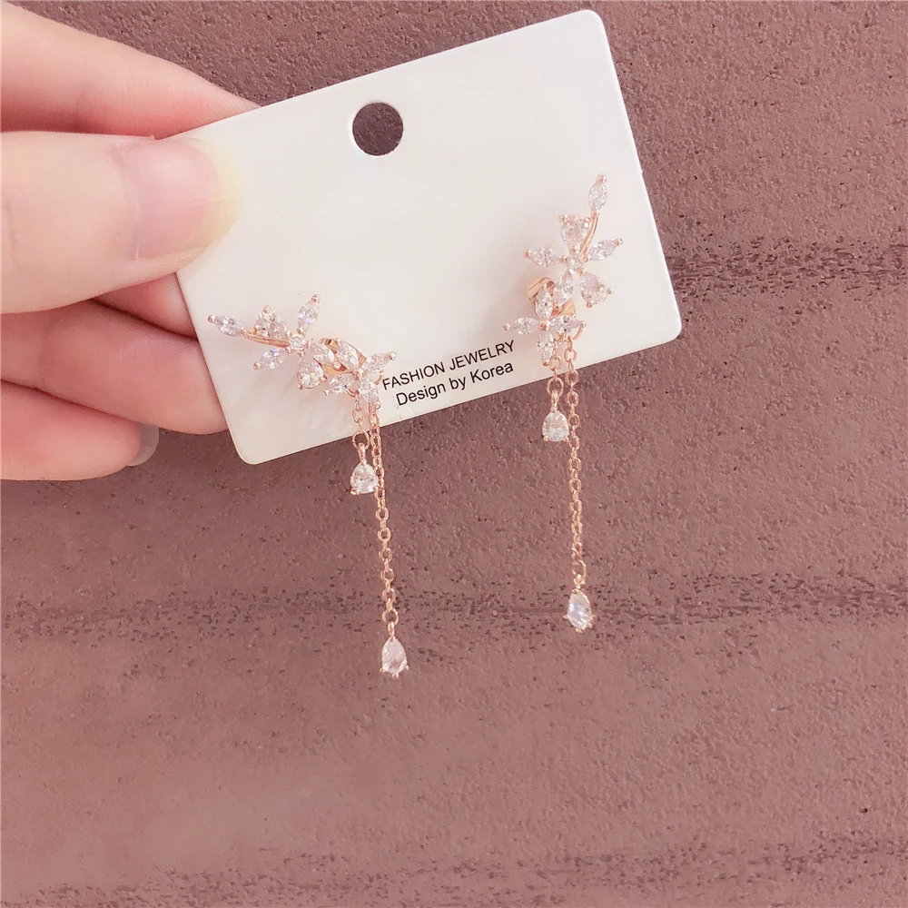 New Fashion Women Korean TV Star Cute Zircon Flower Drop Earrings Elegant Water Drop Long Line Pendientes Jewelry Girl Gifts