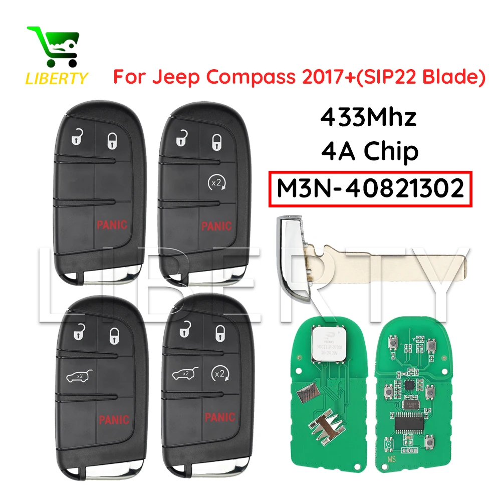 

Liberty For Jeep Compass Trailhawk 2017-2022 Smart Car Key Fob 3/4/5 Button Keyless Entry 433MHz 4A Chip AES SIP22 M3N-40821302