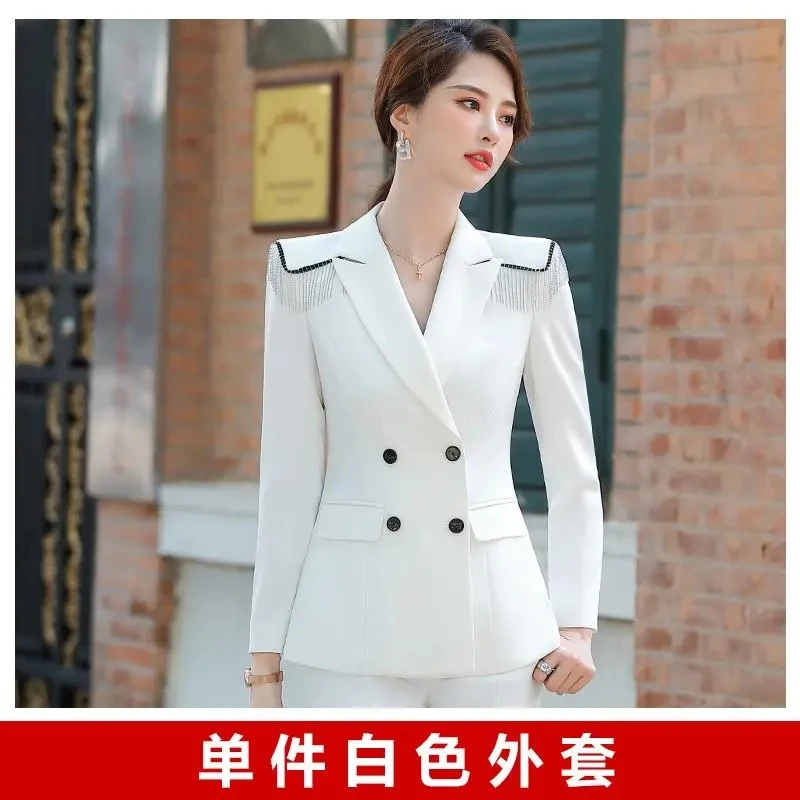 High Quality White Tassel Blazer Jacket Female Straight Pants Sets Temperament Lady Fashion Streetwear Suits Women Elegant