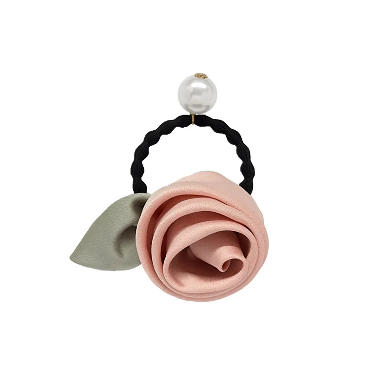 Women Elegant Silk Rose Flower Pearl Elastics Hair Band Beatiful Scrunchies Hair Ties Ladies Ponytail Holder Hair Accessories