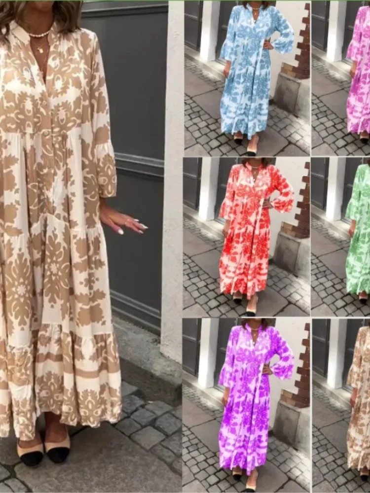 エレガントな V ネックフレアスリーブボヘミアンマキシドレス女性カジュアルルーズ秋ドレスファッションパターンプリントボタンロングパーティードレス