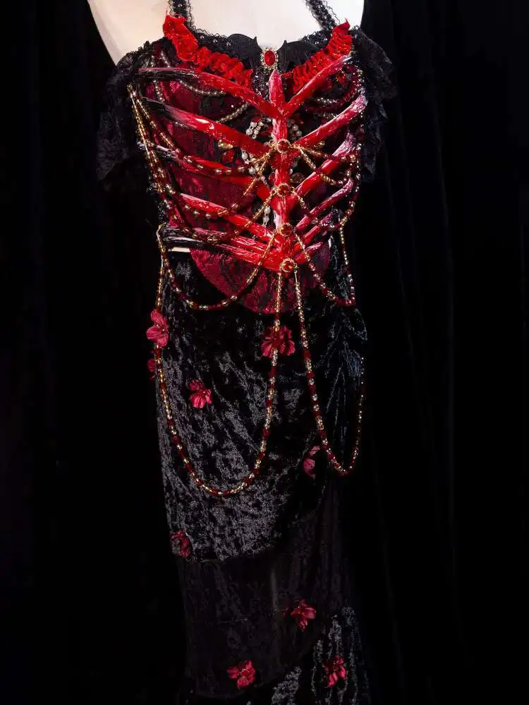 Scheletro di strega fatto a mano Internet Celebrity Performance dal vivo Gotico scuro Halloween Fotografia Costume Corsetto a gabbia a costine