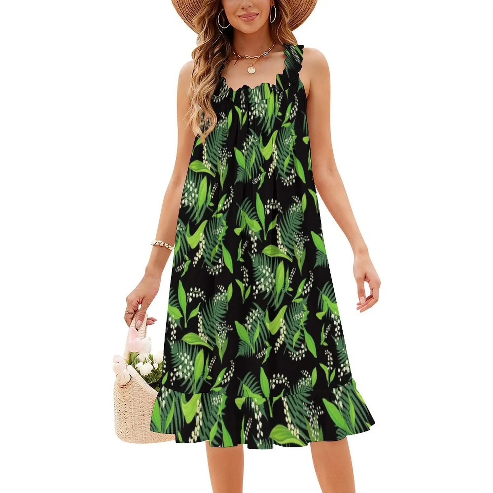 فستان قصير من زنابق الوادي على طراز بريبي للنساء على شكل حرف a فضفاض مناسب فستان يوم غير رسمي زهرة الزنبق والزهور وأوراق الشجر