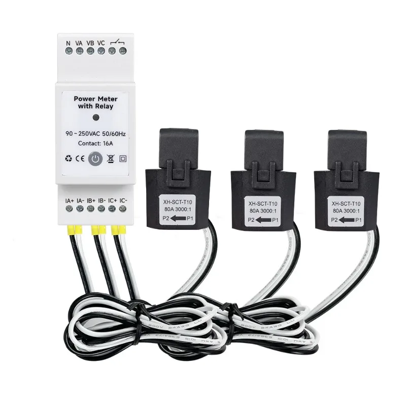 Tuya WiFi Three-Phase Four-Wire Bidirectional Energy Meter with 3 CT Clamps and Relay for Solar Power Monitoring