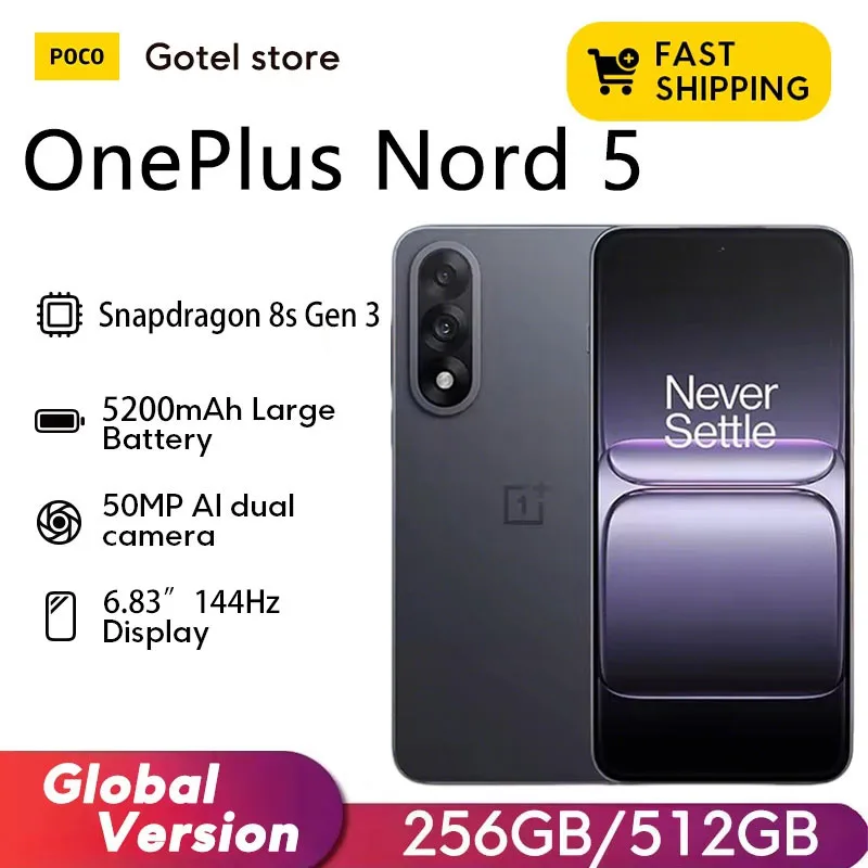 هاتف ذكي Oneplus Nord 5 5g Snapdragon 8S Gen 3 شاشة Amoled مقاس 6.83 بوصة 144 هرتز 5200 مللي أمبير في الساعة 80 وات Supervooc شحن 50 ميجا بكسل كاميرات مزدوجة