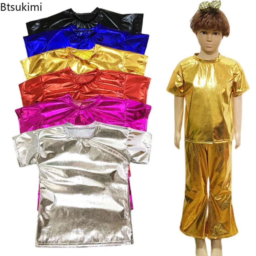 

New Metallic Shiny T-shirts Kids and Adult Stretchy Bright Tops Dance Wear Sparkly Jazz Hip Hop Modern Dance Performance Clothes