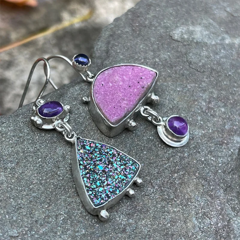 Exquisite Shiny Enamel Purple Stone Earrings New Fashion Jewelry Silver Color Statement Wedding Earrings Gift For Ladies