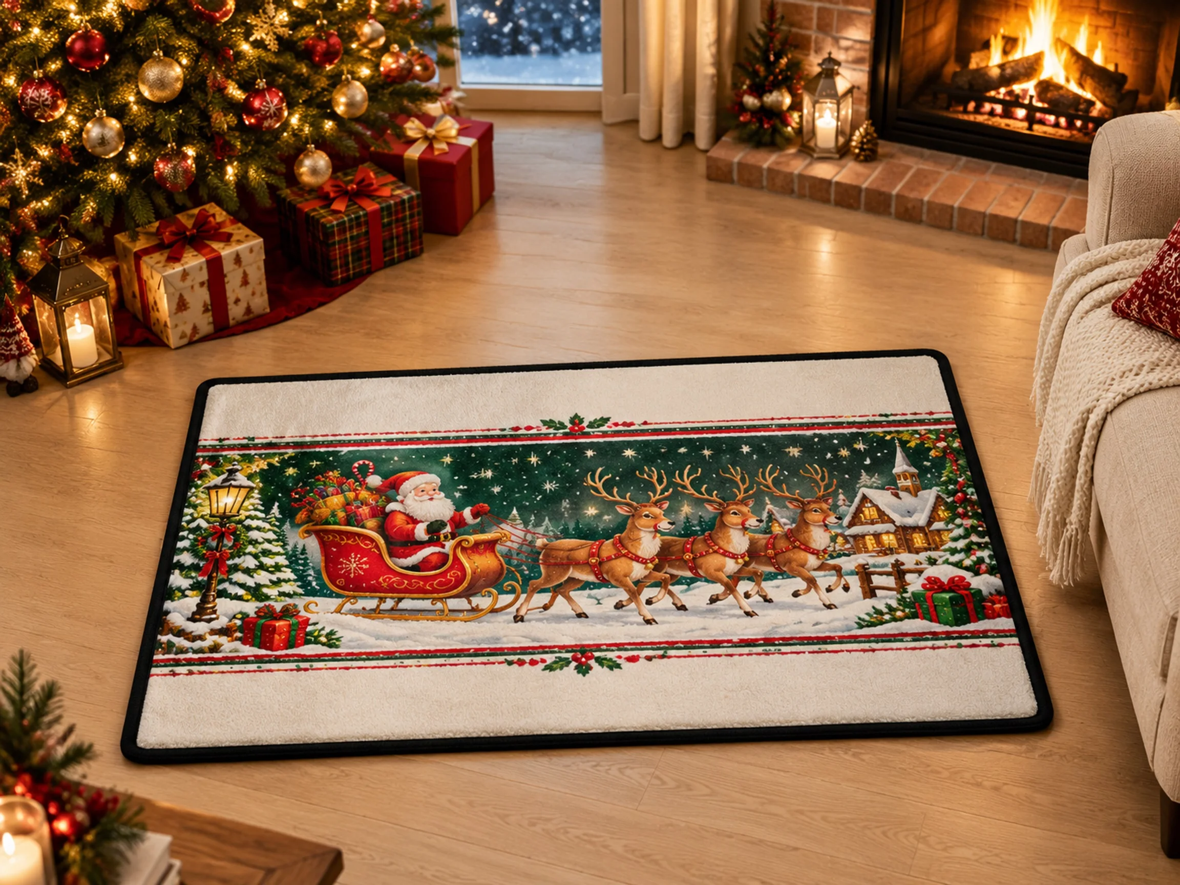 VIKAMA Christmas Red Green Sleigh Flannel Door Mat, Memory Foam Anti-Slip Mat, Xmas Decor for Mudroom, Farmhouse, Entryway
