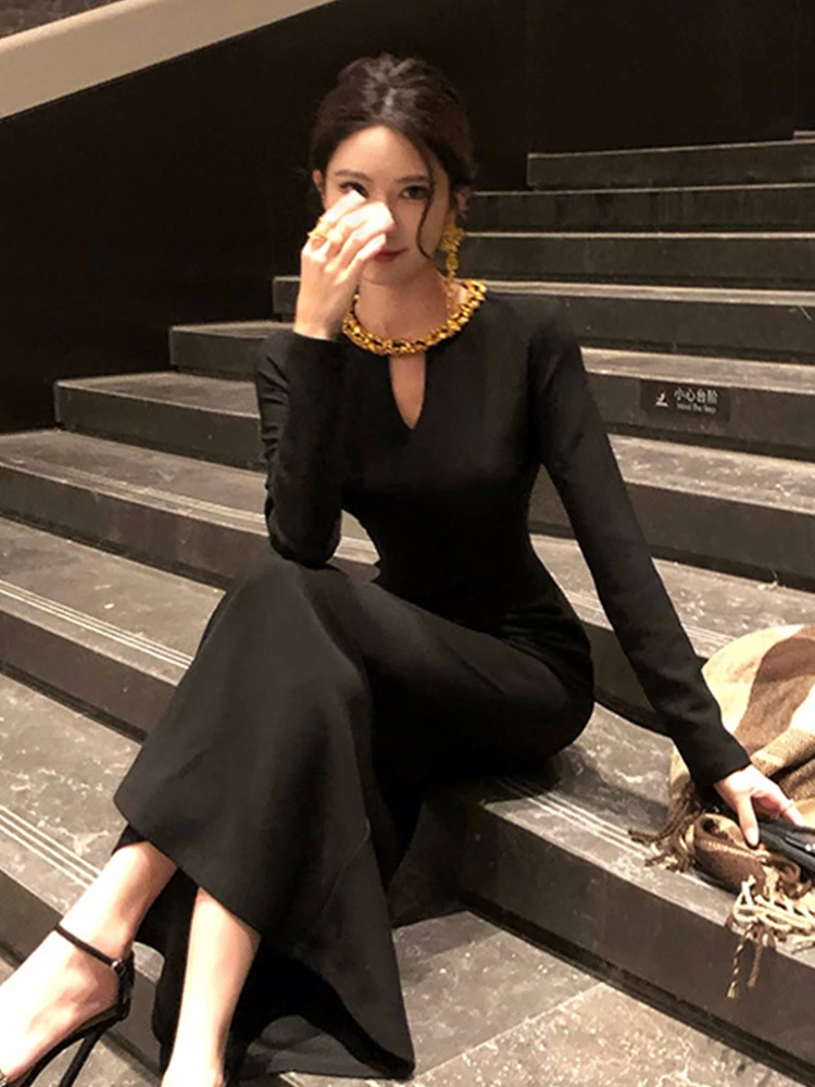 포멀한 행사용 블랙 롱 드레스 여성 의류 홀로우 O넥 슬림 피쉬테일 드레스 우아한 여성 패션 파티 프로모션 드레스 신상품