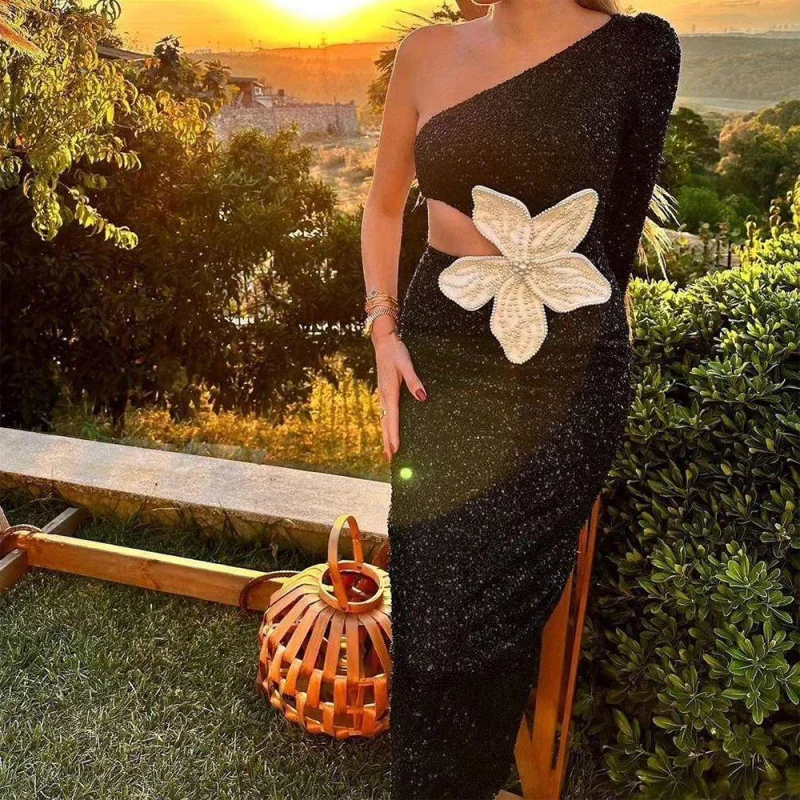 

New Arrival Beaded Floral Sexy Hollow Black Sequin One-Shoulder Dress for Socialite Party Evening Gown