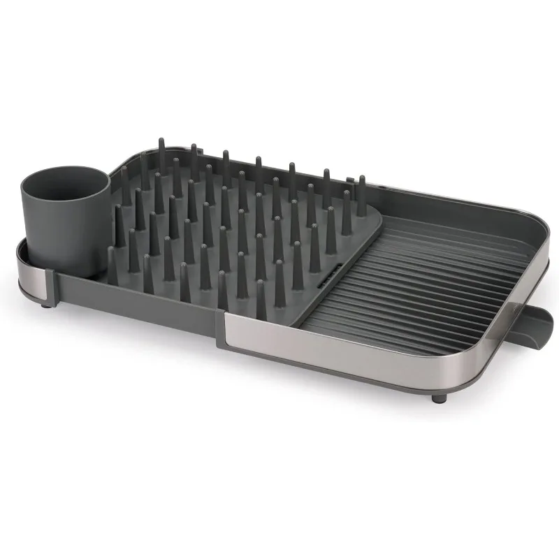 Expanding Dish Drying Rack with Removable Silverware Holder, Draining Spout, Stainless-steel