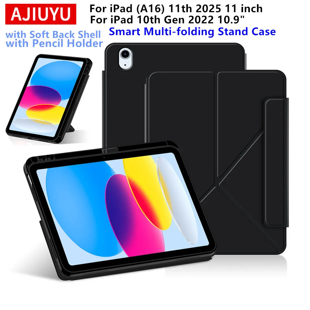 AJIUYU Case with Pencil Holder for iPad A16 11th 10th Generation 2025 10.9 11 inch Multi-folding Stand Cover Funda A3354 A3355