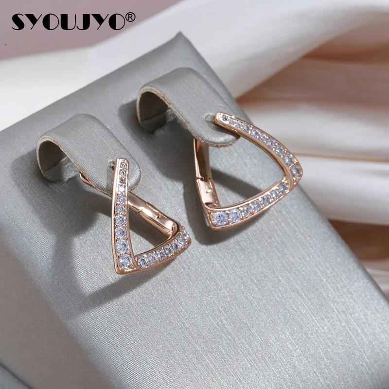 

SYOUJYO Rose Gold Color Geometric Women's Earrings Natural Zircon Trendy Fine Jewelry Elegant Triangle Drop Clip Earrings 2022