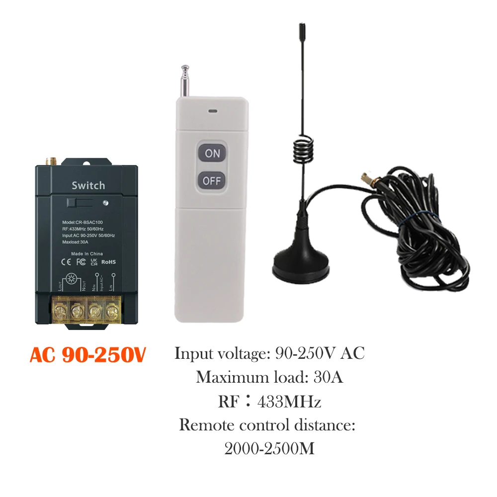 

COLOROCK Wireless Switch RF433 Remote Control Load 30A Input 90-250V AC High Power Wide Voltage Longer-distance