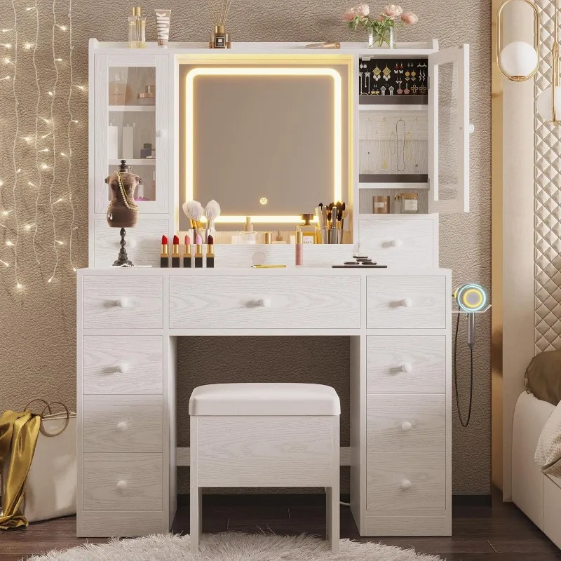 Vanity Desk with LED Lights Mirror and Charging Station, Makeup Vanity Table with Jewelry Armoire, Storage Bench, and 11 Drawers