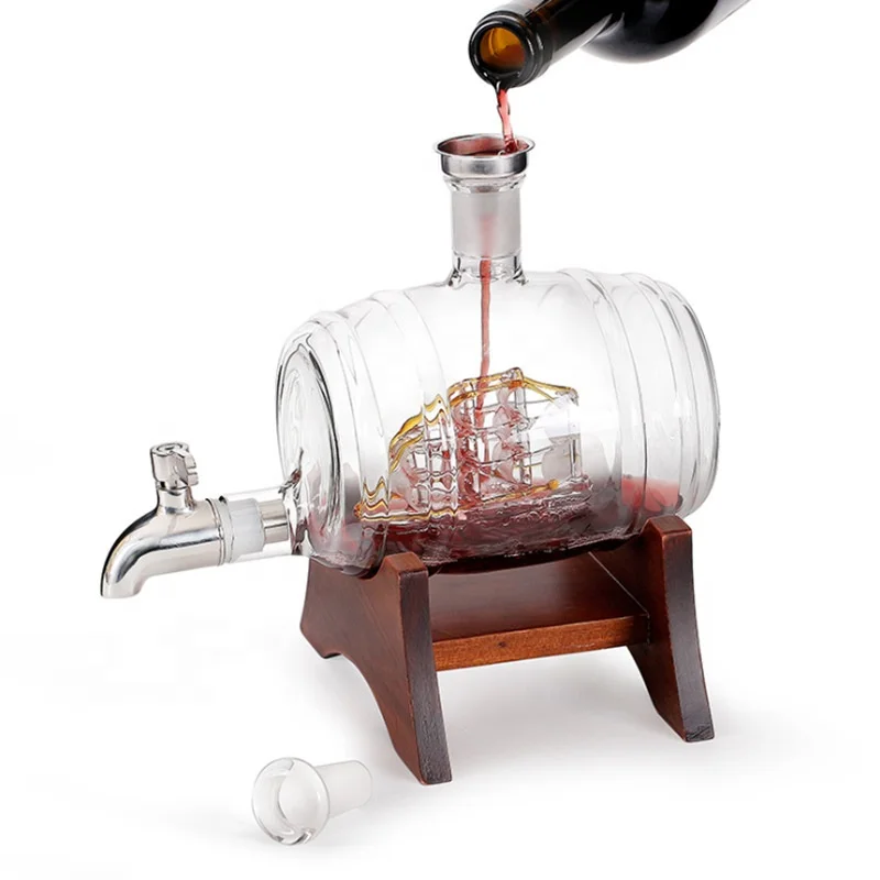 Handmade Borosilicate Unique Dispenser 1000ml Glass Barrel Whiskey Bottle Decanter With Stopper Wood Holder