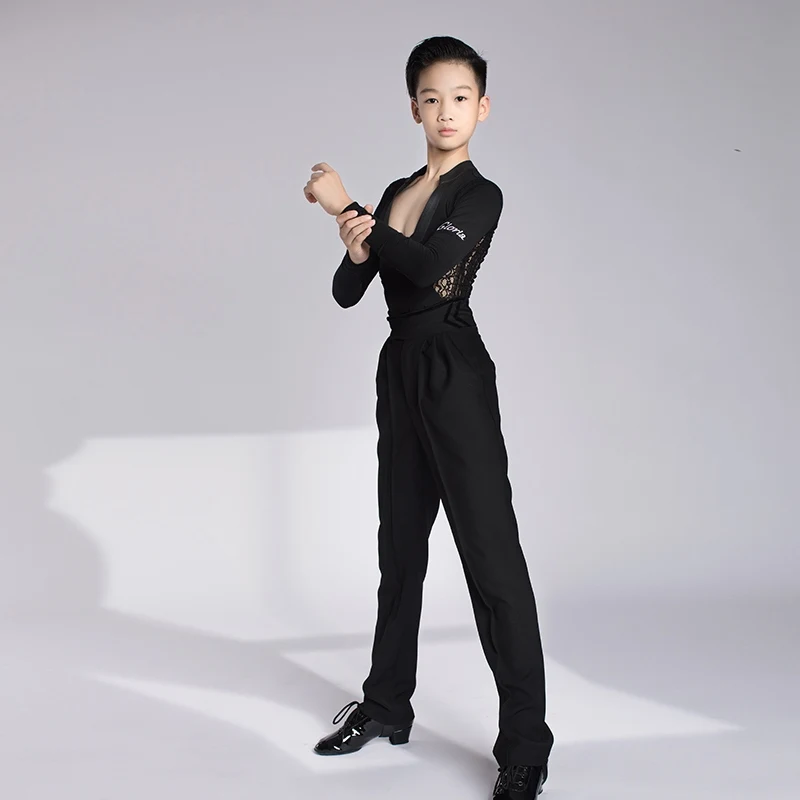 Boy's Latin Dance Costumes Childrens Black Mesh Deep V-Neck Long Sleeve Tops Set Ballroom Cha Cha Dance Training Clothes XH1941