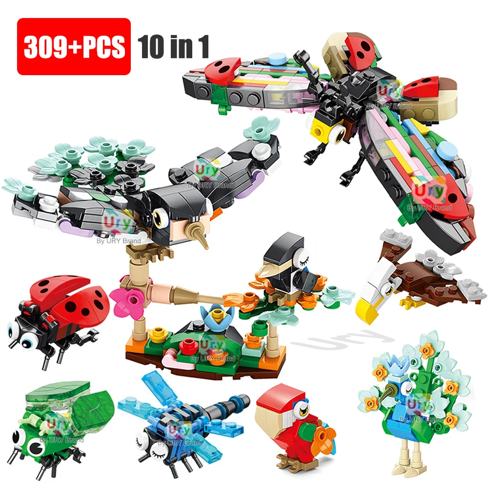 10in1 MOC Insects Set Butterfly Magpie Honeybee Woodpecker Scorpion Beatles Snail Building Blocks Toys Educational for Kids Gift