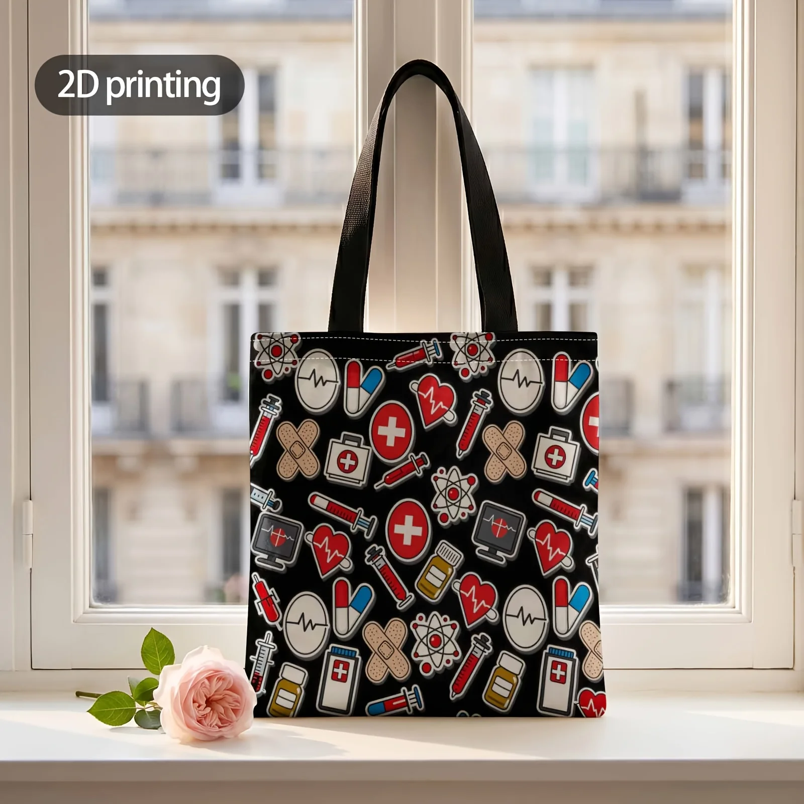 2D Printed Handbag with Symbols Everywhere Pattern, Reusable Fashion Shoulder Bag Shopping Tote Bag Suitable for Shopping Office