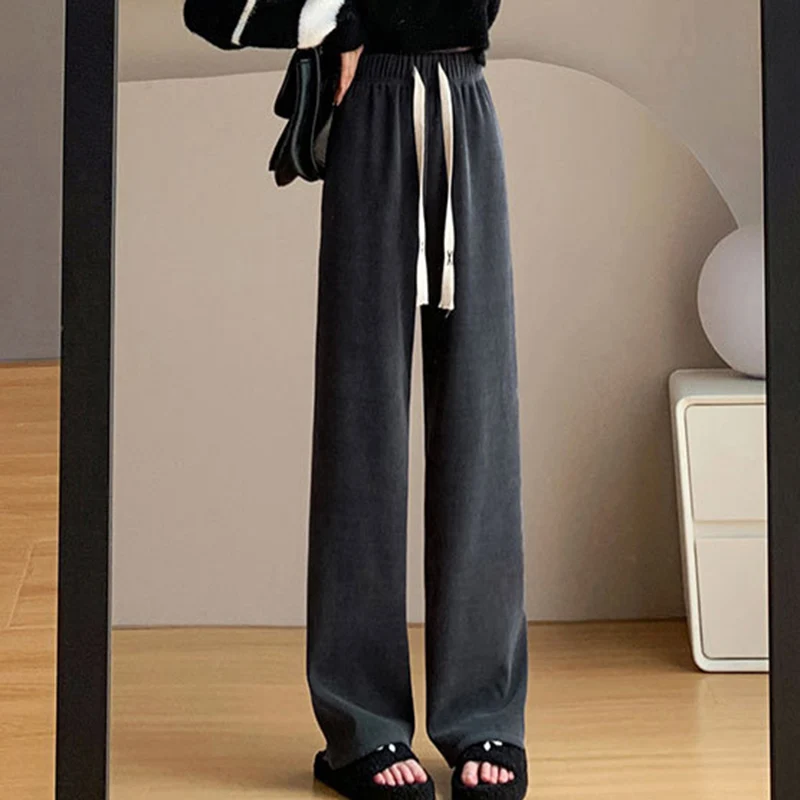 2023 Casual Women Long Pants Autumn Winter High Waist Wide Leg Pants Thick Fleece Inside Female Long Pants Trousers