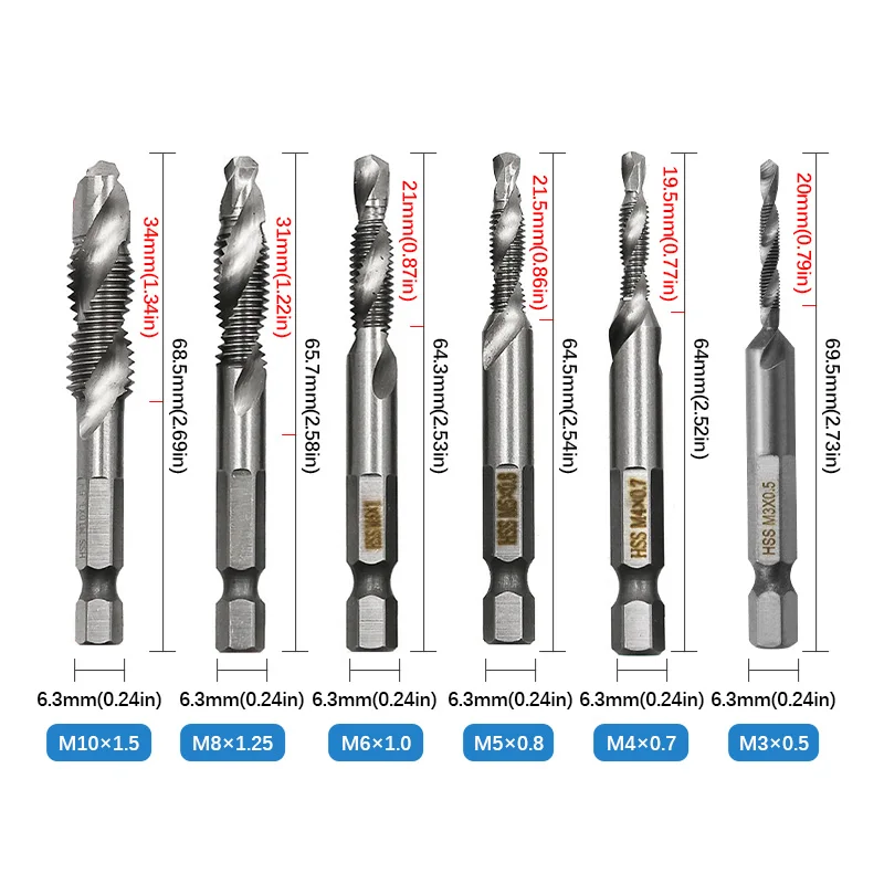 Drill Bits Hss Tap Countersink Deburr Set Metric Combination Bit M3 M4 M5 M6 M8 M10 High Speed Steel