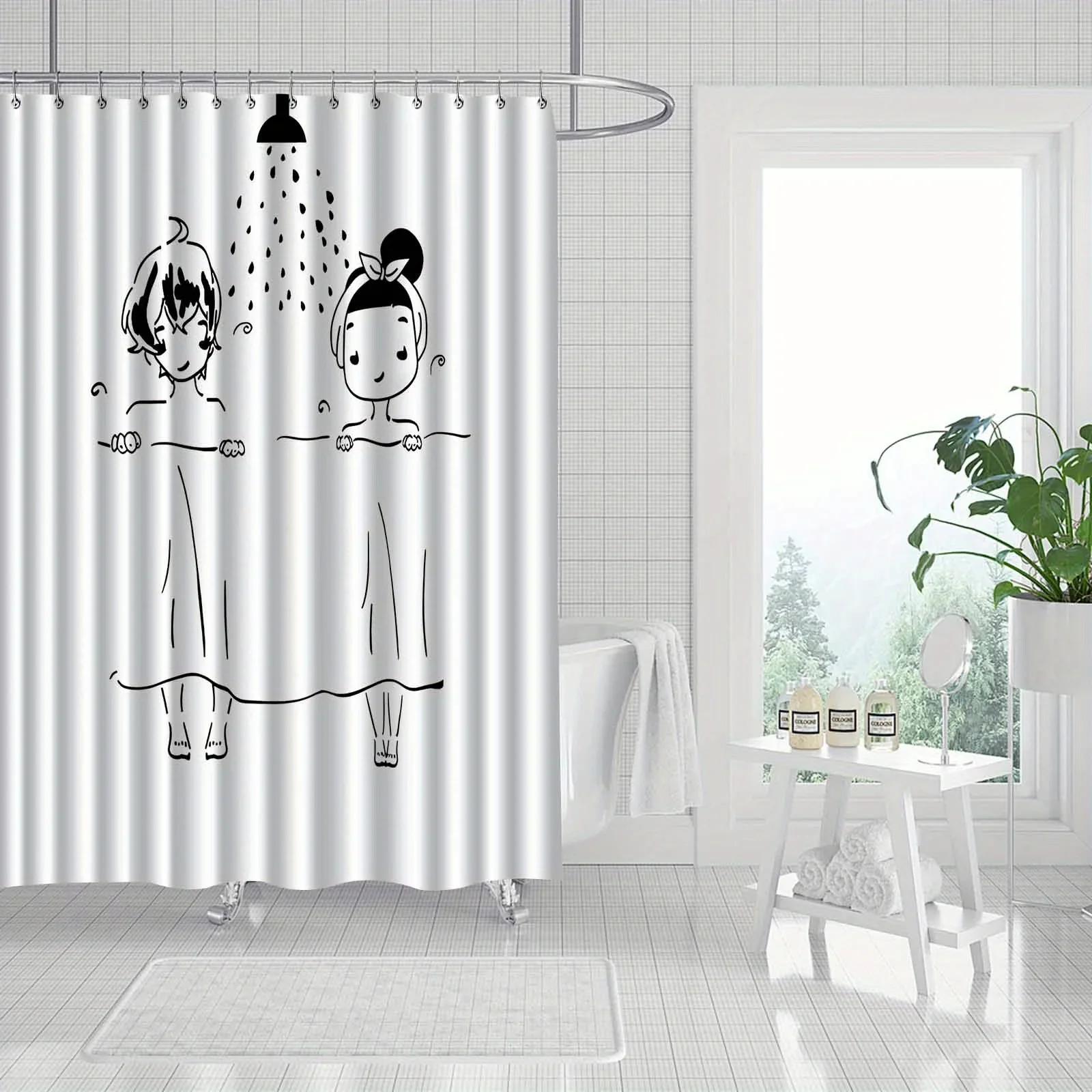 Cute Couple Shower Curtain, Black & White Line Art, Cartoon Bathroom Decor, Waterproof Fabric, Modern Home Decor