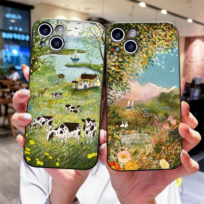 Coque de téléphone imprimée avec un paysage esthétique de village d'automne pour Samsung Galaxy A36 A56 A14 A55 A16 A54 A53 A52 A51, coques souples
