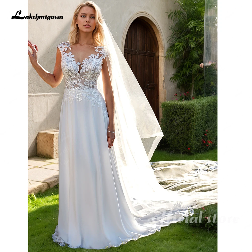 

Lakshmigown Boho Кружевное шифоновое свадебное платье с v-образным вырезом Пляжное платье невесты с короткими рукавами и скользящим шлейфом Богемное свадебное платье по индивидуальному заказу