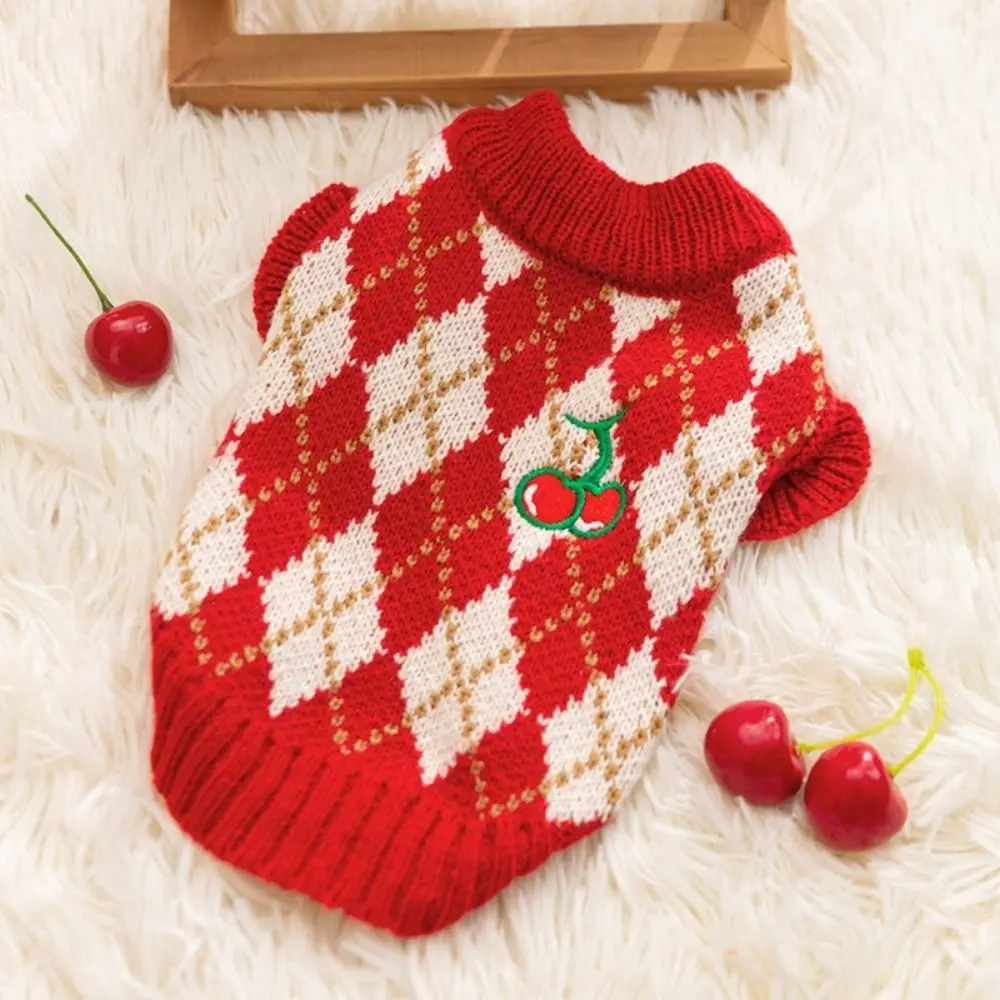 Lovely Pet Cherry Sweater Adjustable Plaid Pattern Cute Puppy Clothes Warm Thickened Dog Christmas Clothes Pet Party Supplies