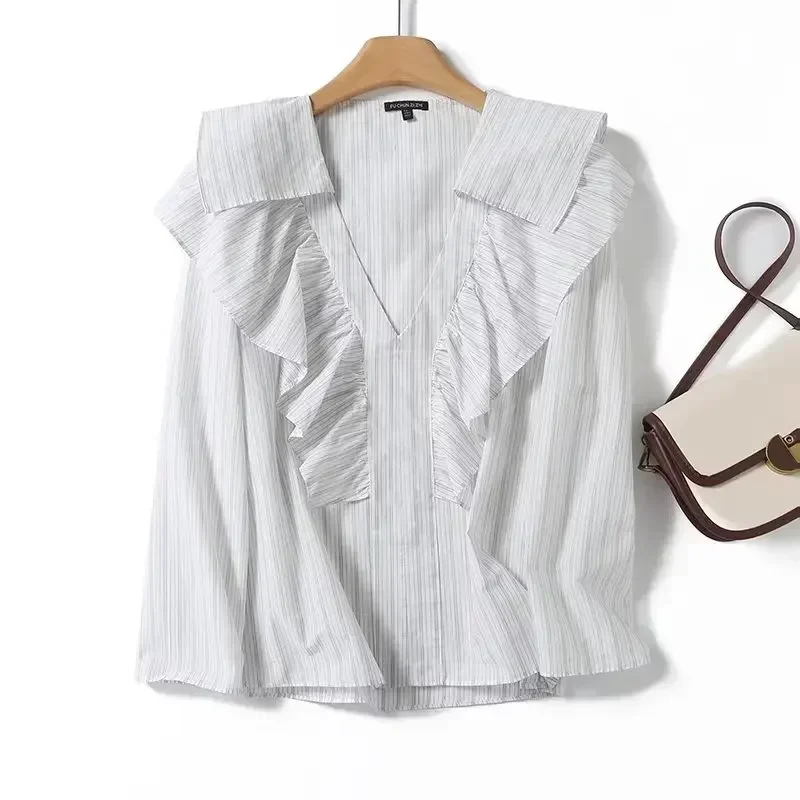 

Women's 2023 Fashion New French Ruffled Sailor Collar Striped Blouses Retro Long-sleeved Button Blouses Chic Tops