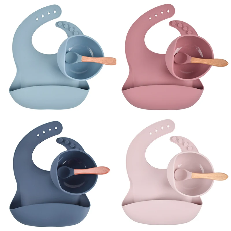4Pcs/Set Food Grade Silicone Child Dish Set Baby Feeding Bowl Suction Plate Straw Cup Wooden Spoon Fork for Kid Tableware Dishes