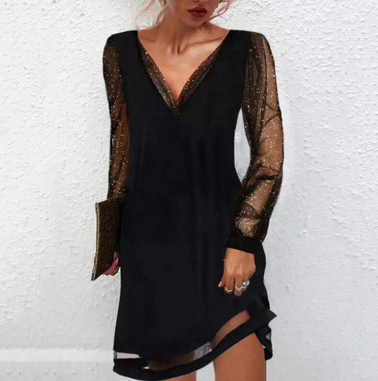 Fashion Dresses Women's Black V Neck Glass Sequin Long Sleeve Women's Dress Party Club Dress Casual Short Dress2024