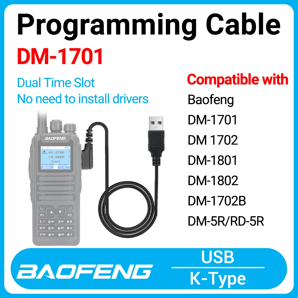 Baofeng DM-1701 Kabel do programowania USB do DM-1801 DM-1702 DM-5R AR26 Podwójne gniazdo czasowe DMR Radio cyfrowe Walkie Talkie Drive za darmo
