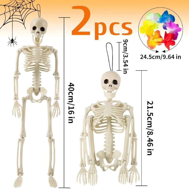 2Pcs 할로윈 파티 장식 꽃 화환과 수제 해골 펜던트 움직일 수있는 관절 해골 매달려 액세서리